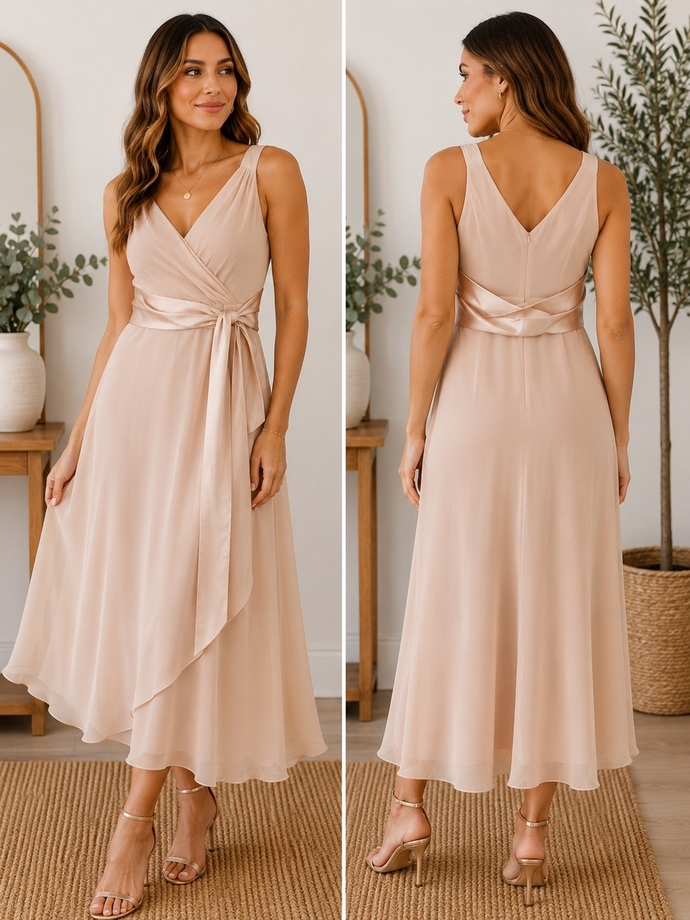 Evan Picone Blush Cream Wrap Satin-Sash Midi Dress